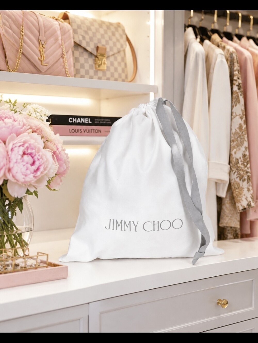 Jimmy Choo White and Gray Drastrunf Dust  Bag 13.5 X16.5 Approx